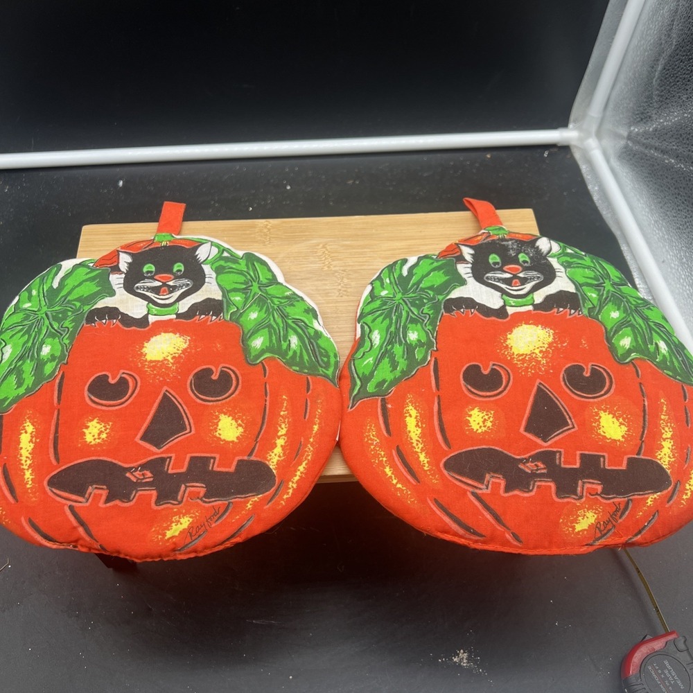 2 VTG Rayford Decorative Halloween Jack O'Lantern Black Cat Pot Holder/Hot Pad